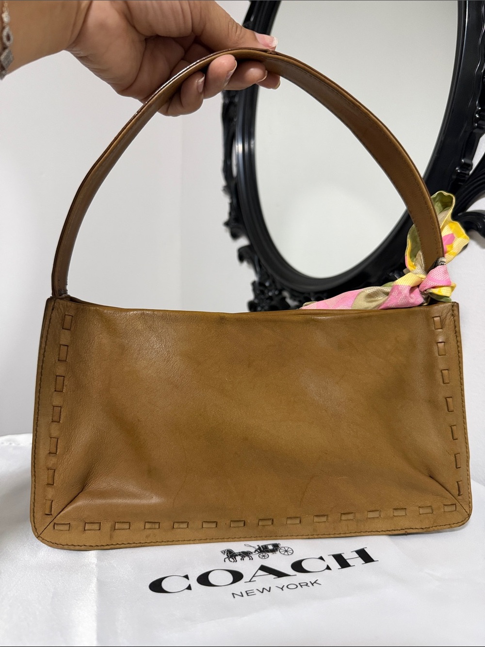 Coach vintage 9468 Tan Leather Shoulder Bag with Multicolor Scarf Accent